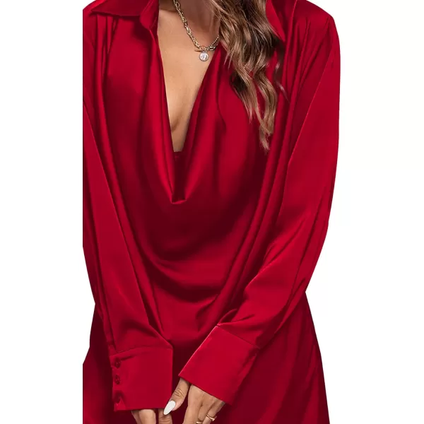 LYANER Women's Satin Collar V Neck Drape Ruched Front Flowy Long Sleeve Short Mini Dress