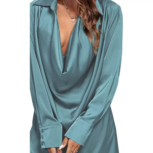 LYANER Women's Satin Collar V Neck Drape Ruched Front Flowy Long Sleeve Short Mini Dress