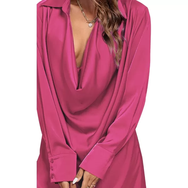 LYANER Women's Satin Collar V Neck Drape Ruched Front Flowy Long Sleeve Short Mini Dress