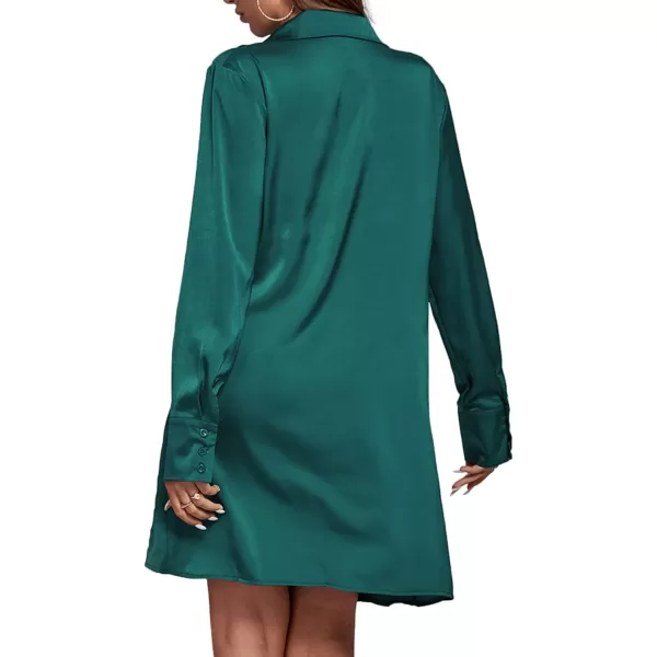LYANER Women's Satin Collar V Neck Drape Ruched Front Flowy Long Sleeve Short Mini Dress