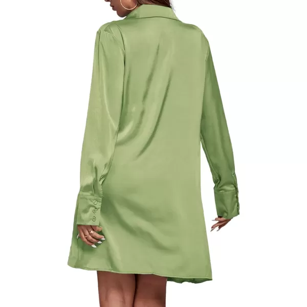 LYANER Women's Satin Collar V Neck Drape Ruched Front Flowy Long Sleeve Short Mini Dress