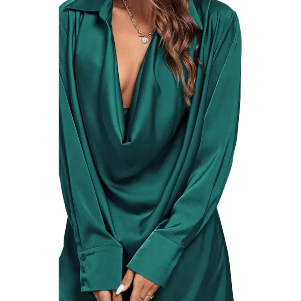 LYANER Women's Satin Collar V Neck Drape Ruched Front Flowy Long Sleeve Short Mini Dress