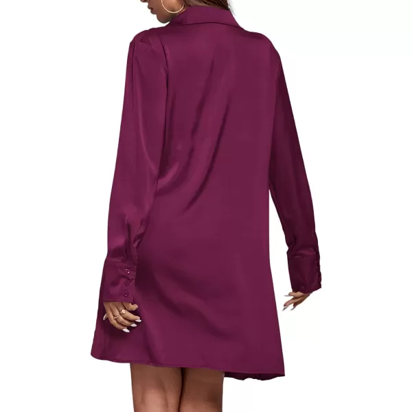 LYANER Women's Satin Collar V Neck Drape Ruched Front Flowy Long Sleeve Short Mini Dress