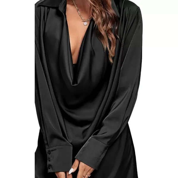 LYANER Women's Satin Collar V Neck Drape Ruched Front Flowy Long Sleeve Short Mini Dress