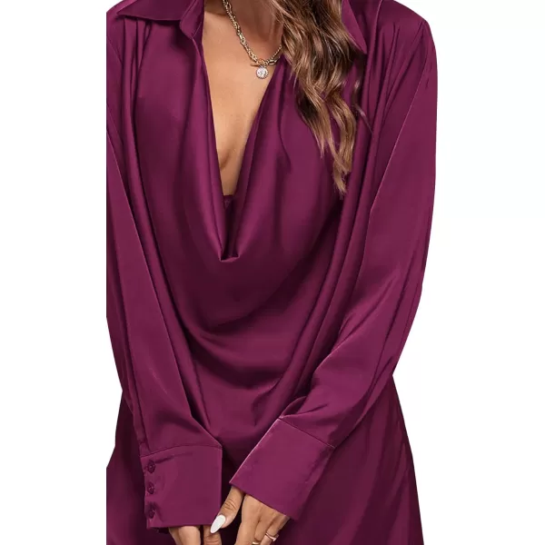 LYANER Women's Satin Collar V Neck Drape Ruched Front Flowy Long Sleeve Short Mini Dress