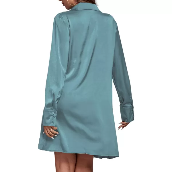 LYANER Women's Satin Collar V Neck Drape Ruched Front Flowy Long Sleeve Short Mini Dress