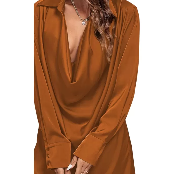 LYANER Women's Satin Collar V Neck Drape Ruched Front Flowy Long Sleeve Short Mini Dress