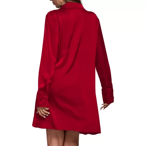 LYANER Women's Satin Collar V Neck Drape Ruched Front Flowy Long Sleeve Short Mini Dress