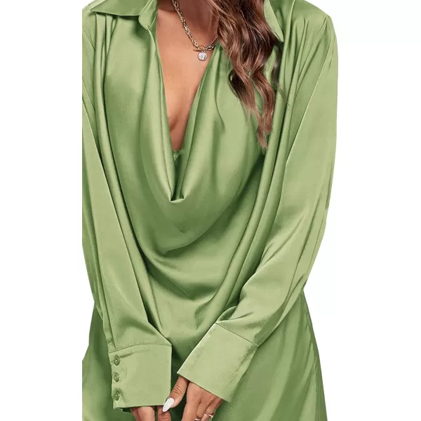 LYANER Women's Satin Collar V Neck Drape Ruched Front Flowy Long Sleeve Short Mini Dress