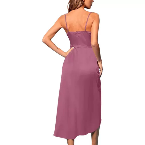 LYANER Women's Satin Cowl Neck Sleeveless Split Ruch Strap Sexy Cocktail Midi Dress