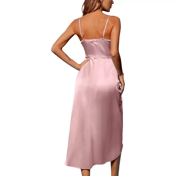 LYANER Women's Satin Cowl Neck Sleeveless Split Ruch Strap Sexy Cocktail Midi Dress