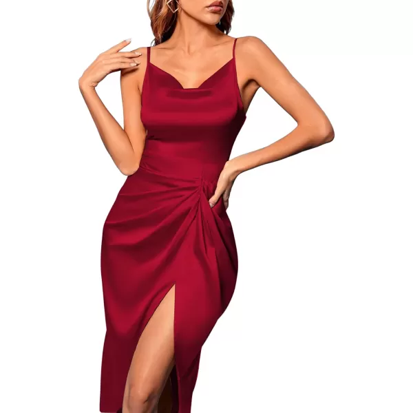 LYANER Women's Satin Cowl Neck Sleeveless Split Ruch Strap Sexy Cocktail Midi Dress