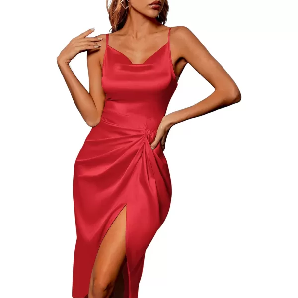 LYANER Women's Satin Cowl Neck Sleeveless Split Ruch Strap Sexy Cocktail Midi Dress