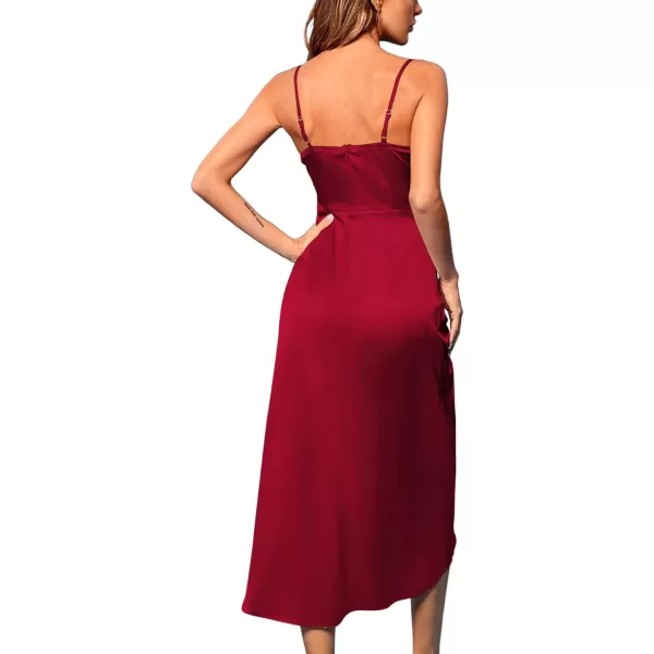 LYANER Women's Satin Cowl Neck Sleeveless Split Ruch Strap Sexy Cocktail Midi Dress