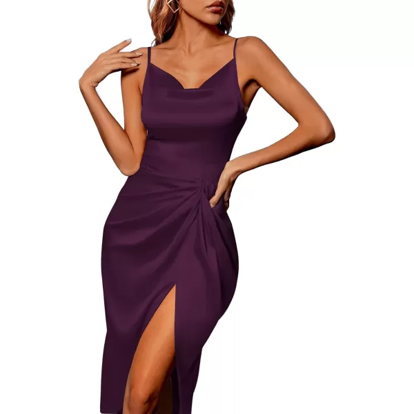 LYANER Women's Satin Cowl Neck Sleeveless Split Ruch Strap Sexy Cocktail Midi Dress