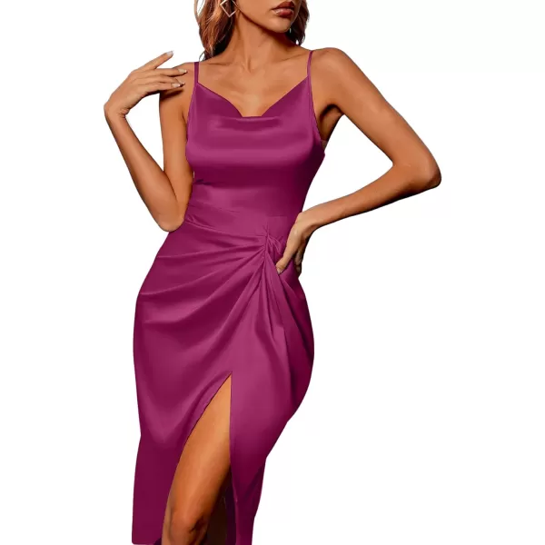 LYANER Women's Satin Cowl Neck Sleeveless Split Ruch Strap Sexy Cocktail Midi Dress