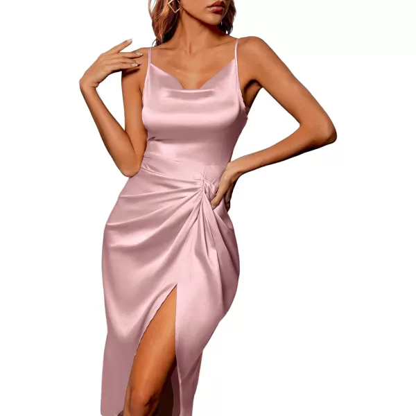 LYANER Women's Satin Cowl Neck Sleeveless Split Ruch Strap Sexy Cocktail Midi Dress