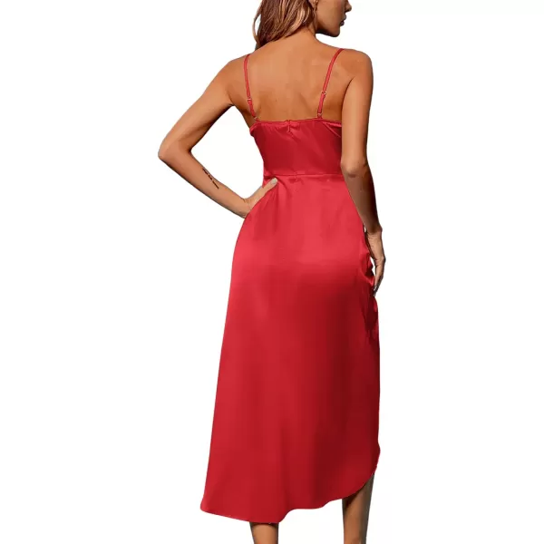 LYANER Women's Satin Cowl Neck Sleeveless Split Ruch Strap Sexy Cocktail Midi Dress