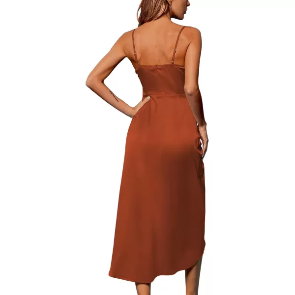 LYANER Women's Satin Cowl Neck Sleeveless Split Ruch Strap Sexy Cocktail Midi Dress