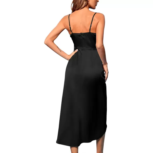LYANER Women's Satin Cowl Neck Sleeveless Split Ruch Strap Sexy Cocktail Midi Dress