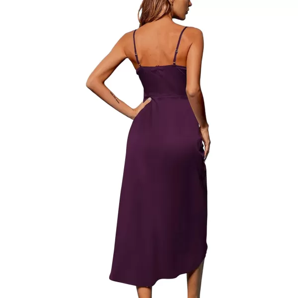 LYANER Women's Satin Cowl Neck Sleeveless Split Ruch Strap Sexy Cocktail Midi Dress