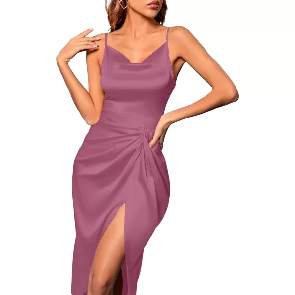 LYANER Women's Satin Cowl Neck Sleeveless Split Ruch Strap Sexy Cocktail Midi Dress