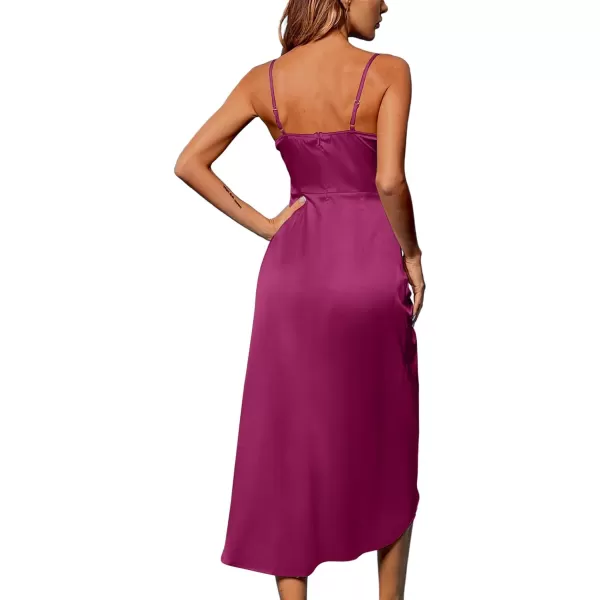 LYANER Women's Satin Cowl Neck Sleeveless Split Ruch Strap Sexy Cocktail Midi Dress