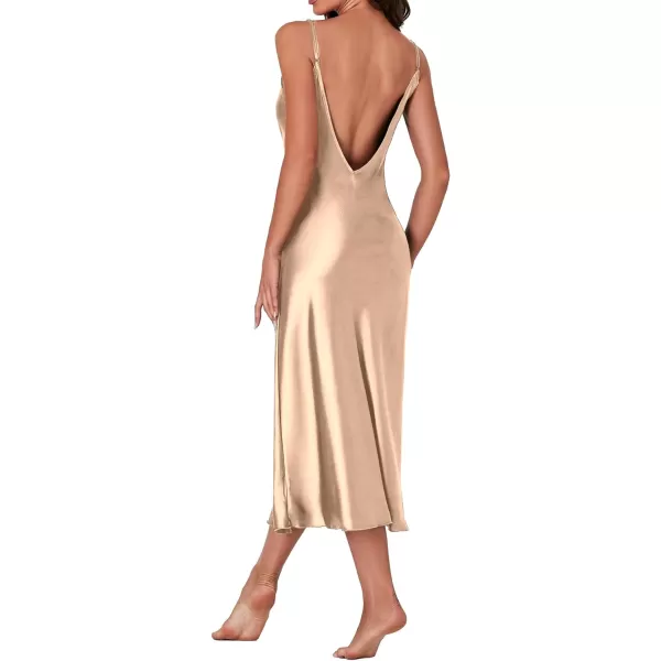 LYANER Women's Satin Cowl Neck Spaghetti Strap Split Nightgowns Silk Midi Dress