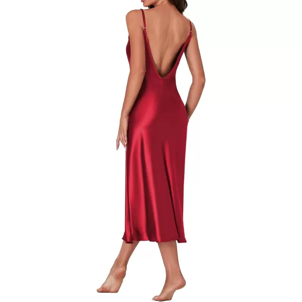 LYANER Women's Satin Cowl Neck Spaghetti Strap Split Nightgowns Silk Midi Dress