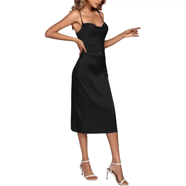 LYANER Women's Satin Cowl Neck Spaghetti Straps Sexy Cocktail Midi Dresses