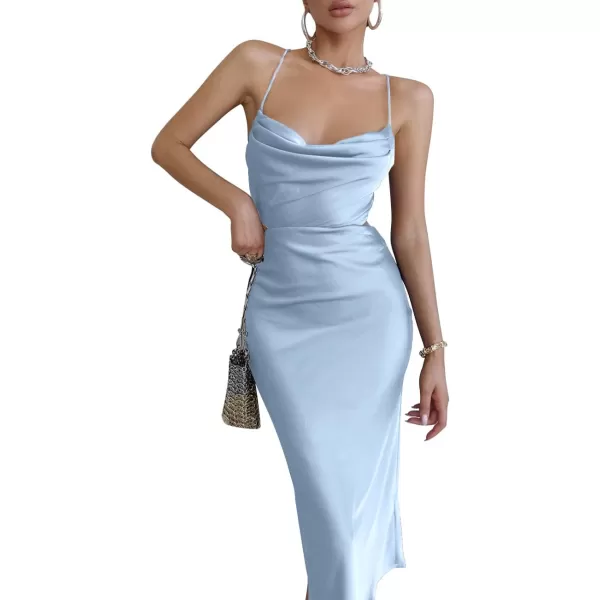 LYANER Women's Satin Cowl Neck Straps Slip Sexy Cut Out Cocktail Midi Dress