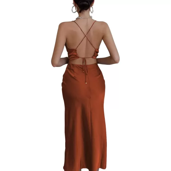 LYANER Women's Satin Cowl Neck Straps Slip Sexy Cut Out Cocktail Midi Dress