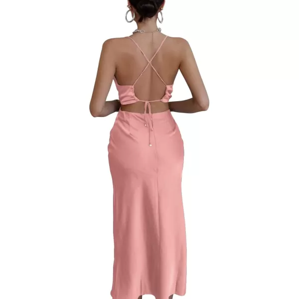 LYANER Women's Satin Cowl Neck Straps Slip Sexy Cut Out Cocktail Midi Dress