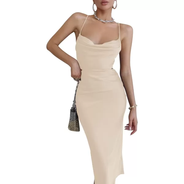 LYANER Women's Satin Cowl Neck Straps Slip Sexy Cut Out Cocktail Midi Dress