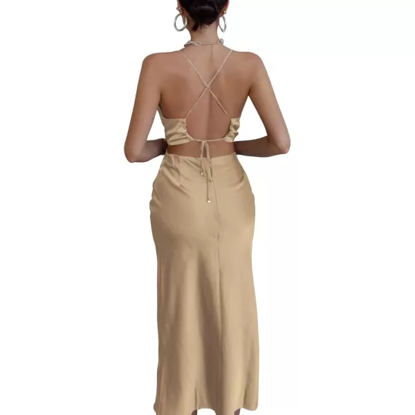 LYANER Women's Satin Cowl Neck Straps Slip Sexy Cut Out Cocktail Midi Dress
