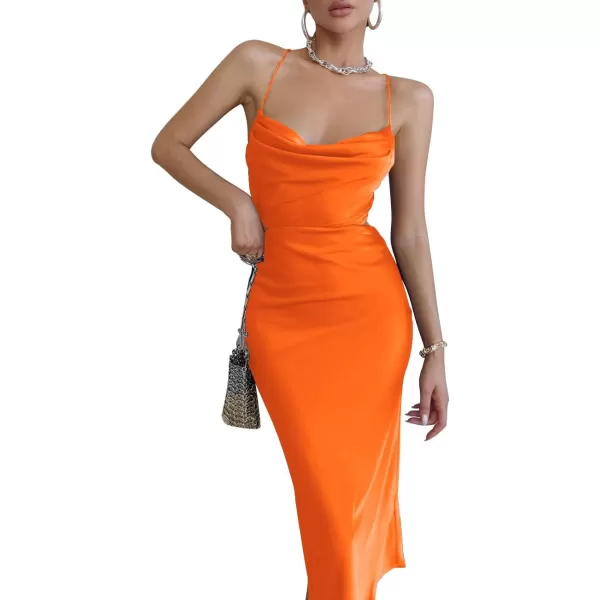 LYANER Women's Satin Cowl Neck Straps Slip Sexy Cut Out Cocktail Midi Dress