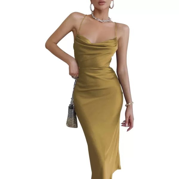 LYANER Women's Satin Cowl Neck Straps Slip Sexy Cut Out Cocktail Midi Dress