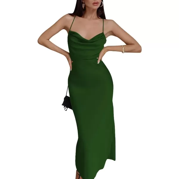 LYANER Women's Satin Cowl Neck Straps Slip Sexy Cut Out Cocktail Midi Dress