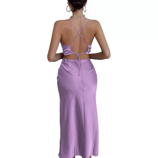 LYANER Women's Satin Cowl Neck Straps Slip Sexy Cut Out Cocktail Midi Dress