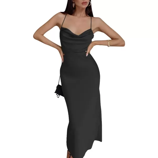 LYANER Women's Satin Cowl Neck Straps Slip Sexy Cut Out Cocktail Midi Dress