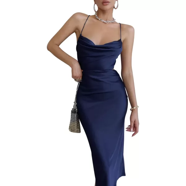 LYANER Women's Satin Cowl Neck Straps Slip Sexy Cut Out Cocktail Midi Dress