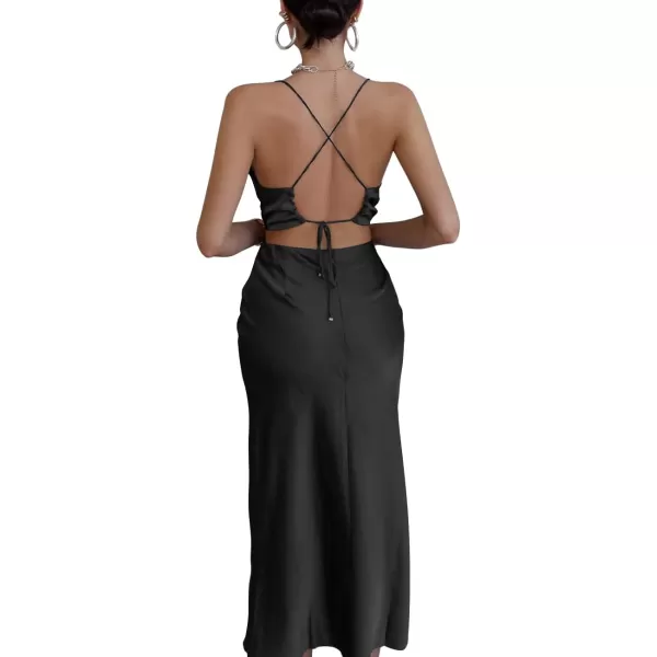 LYANER Women's Satin Cowl Neck Straps Slip Sexy Cut Out Cocktail Midi Dress