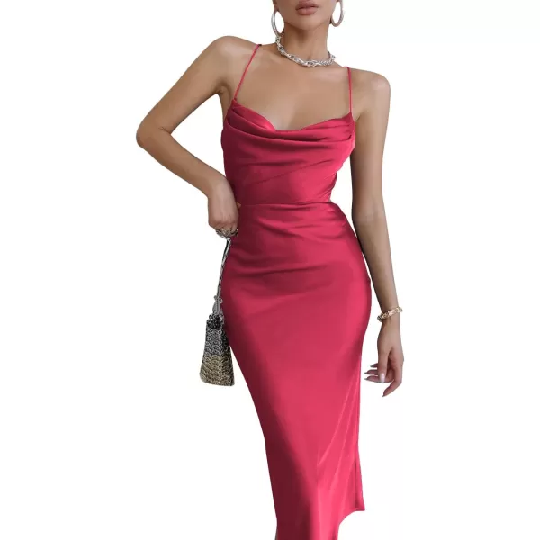 LYANER Women's Satin Cowl Neck Straps Slip Sexy Cut Out Cocktail Midi Dress