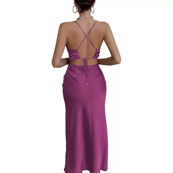 LYANER Women's Satin Cowl Neck Straps Slip Sexy Cut Out Cocktail Midi Dress