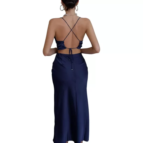 LYANER Women's Satin Cowl Neck Straps Slip Sexy Cut Out Cocktail Midi Dress