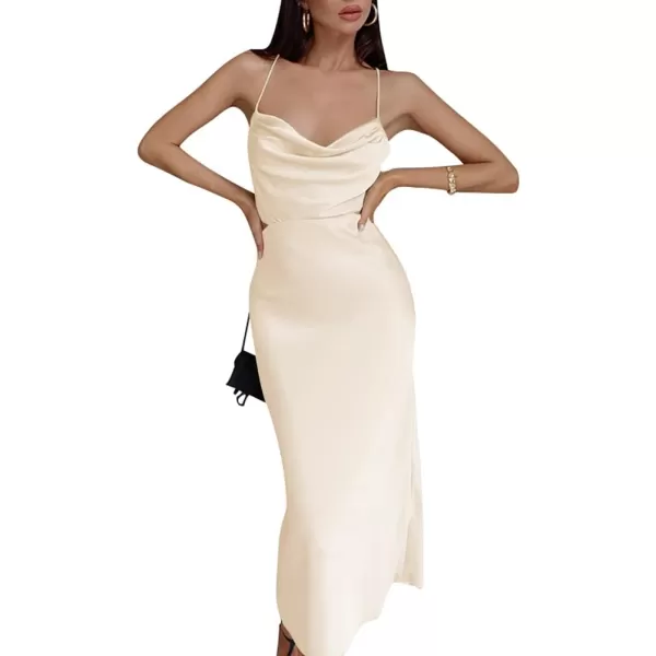LYANER Women's Satin Cowl Neck Straps Slip Sexy Cut Out Cocktail Midi Dress