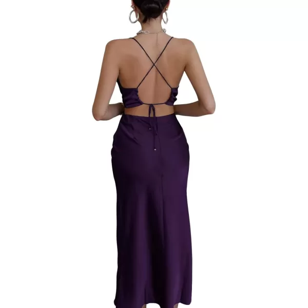 LYANER Women's Satin Cowl Neck Straps Slip Sexy Cut Out Cocktail Midi Dress