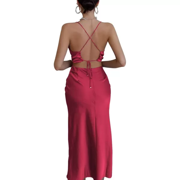 LYANER Women's Satin Cowl Neck Straps Slip Sexy Cut Out Cocktail Midi Dress