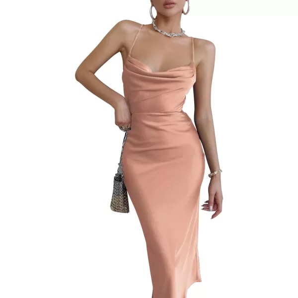 LYANER Women's Satin Cowl Neck Straps Slip Sexy Cut Out Cocktail Midi Dress