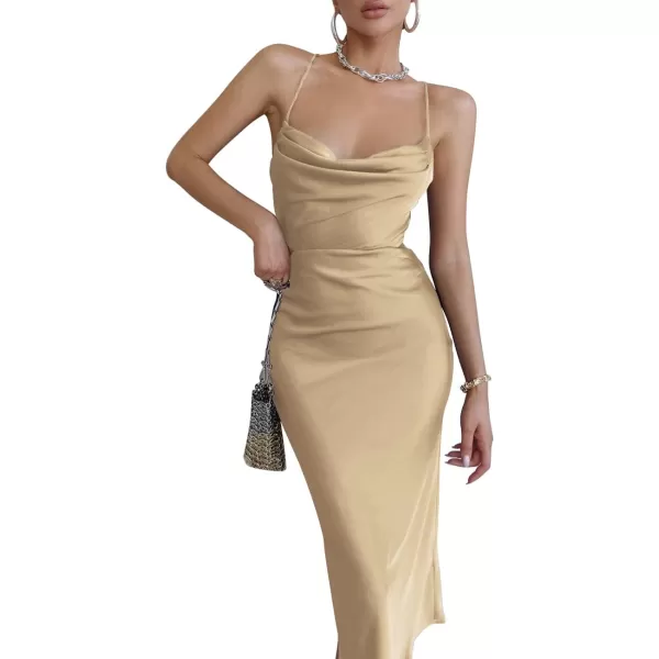 LYANER Women's Satin Cowl Neck Straps Slip Sexy Cut Out Cocktail Midi Dress